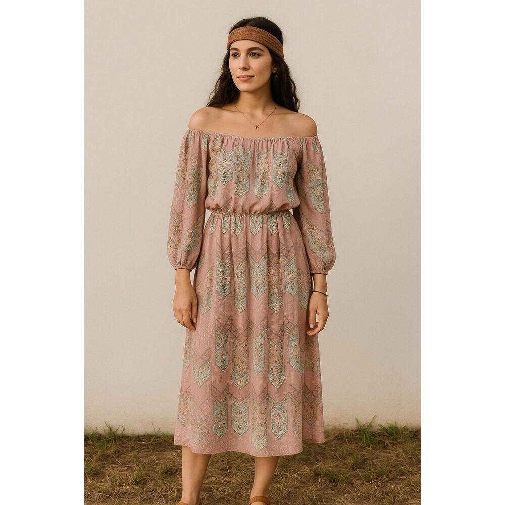 Vintage 70s Boho Floral On/Off-Shoulder Midi Dress Hippie Peasant Style SM/MD